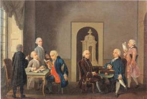 Antonio Perego, L'Accademia dei Pugni. Da sinistra a destra: Alfonso Longo (di spalle), Alessandro Verri, Giambattista Biffi, Cesare Beccaria, Luigi Lambertenghi, Pietro Verri, Giuseppe Visconti di Saliceto.