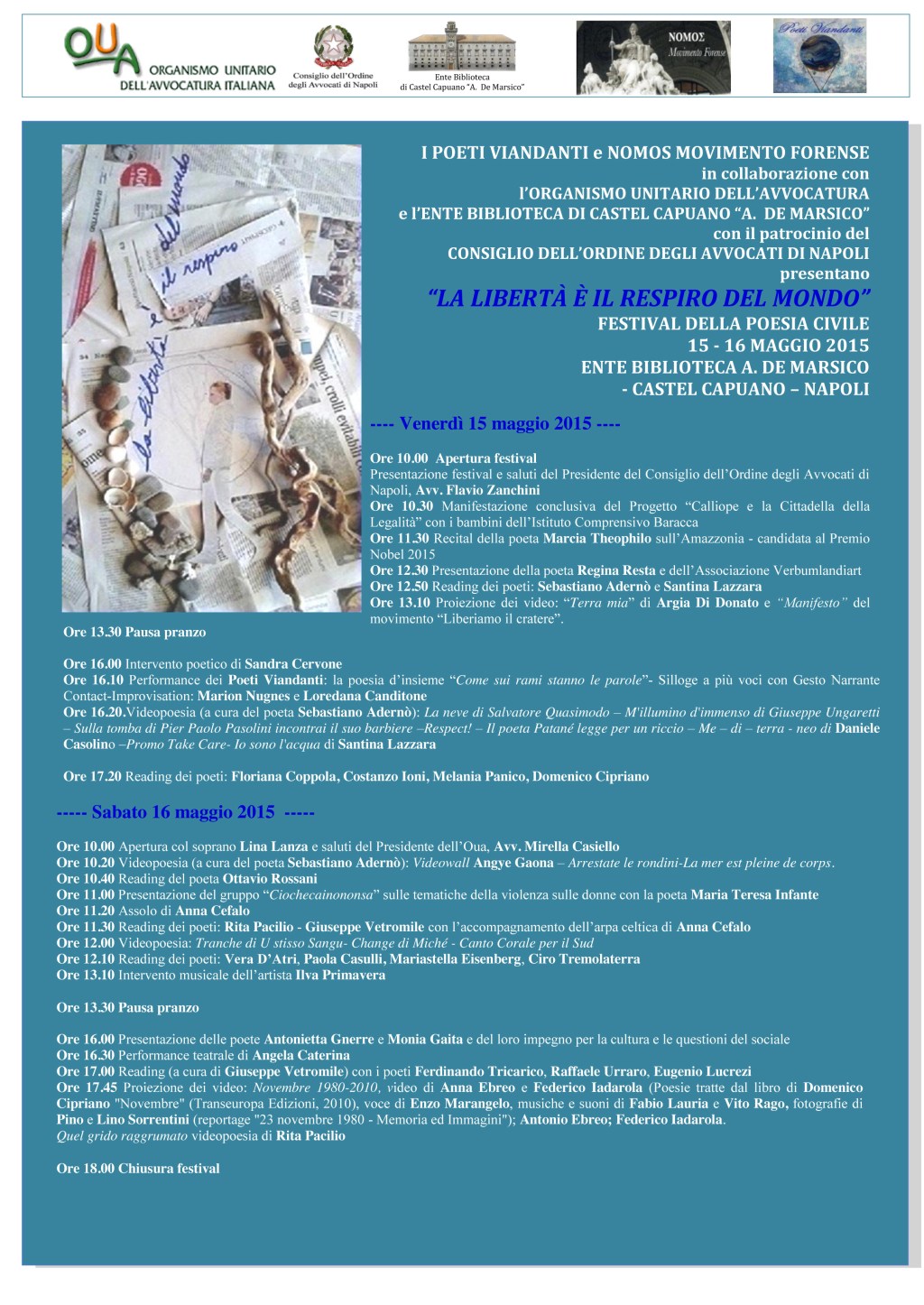 “La Libertà è il respiro del mondo” – Festival della Poesia Civile – 15 – 16 maggio – Biblioteca A.De Marsico, Castel Capuano –&nbsp;Napoli