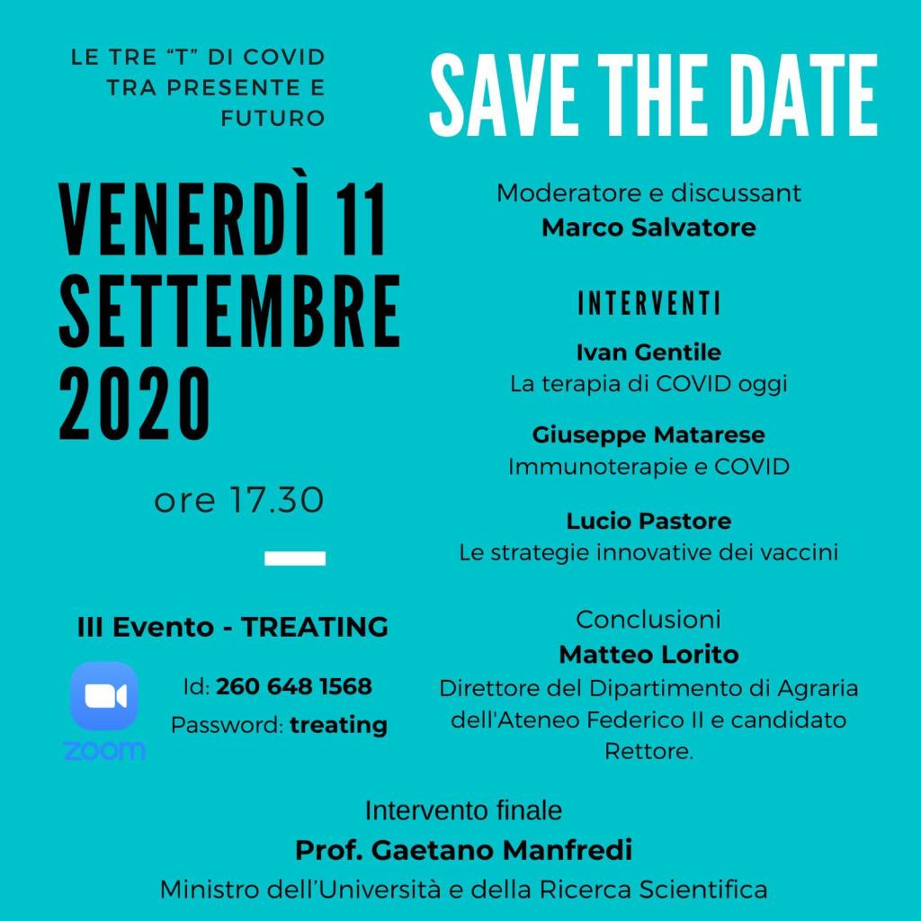 Le tre “T” di Covid tra presente e futuro: il Treating – terzo appuntamento, venerdì 11 settembre, h. 17,30 in diretta streaming su&nbsp;Zoom