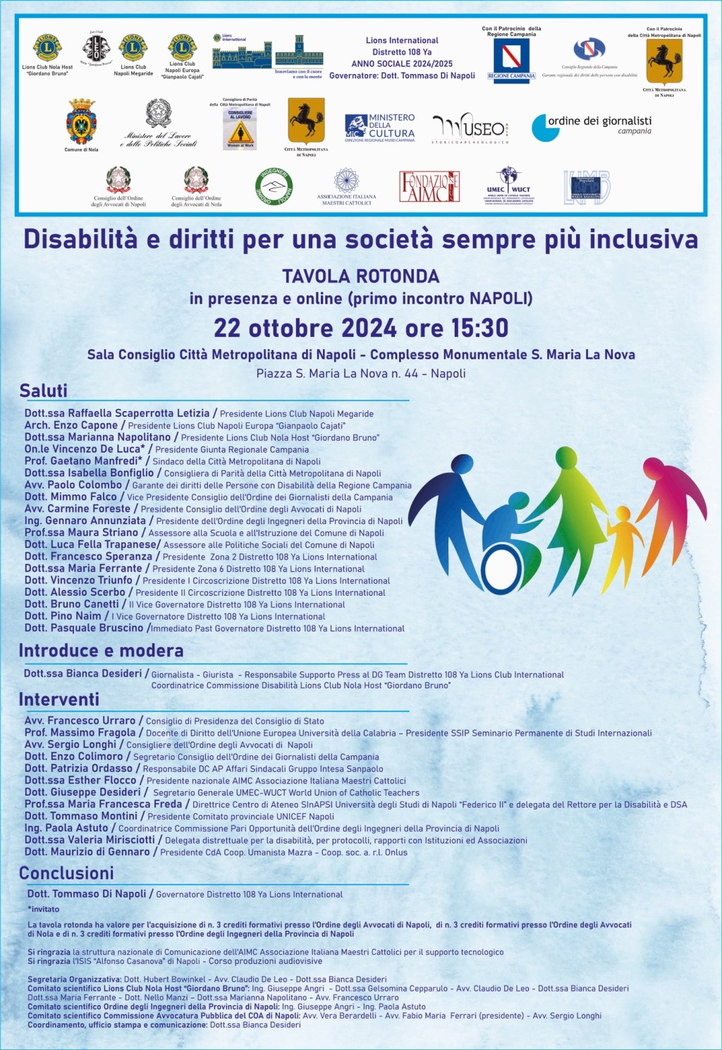 DISABILITÀ E DIRITTI&nbsp;PER UNA SOCIETÀ SEMPRE&nbsp;PIU’ INCLUSIVA: Tavola rotonda, il 22 ottobre 2024 ore&nbsp;15:30